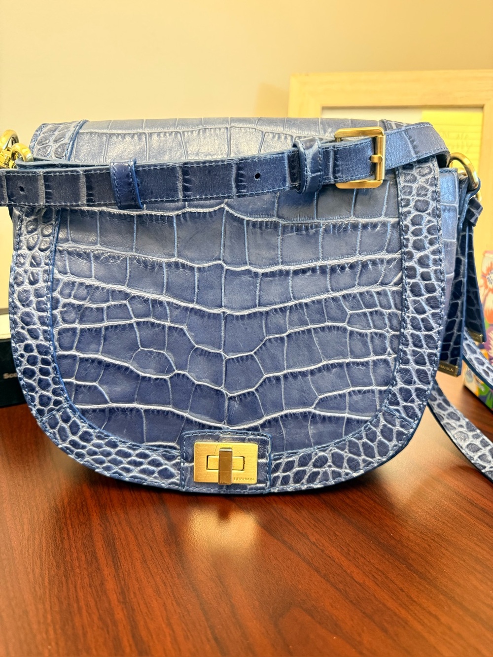 Brahmin Melbourne Blue Croc-Embossed Leather Saddle Bag -